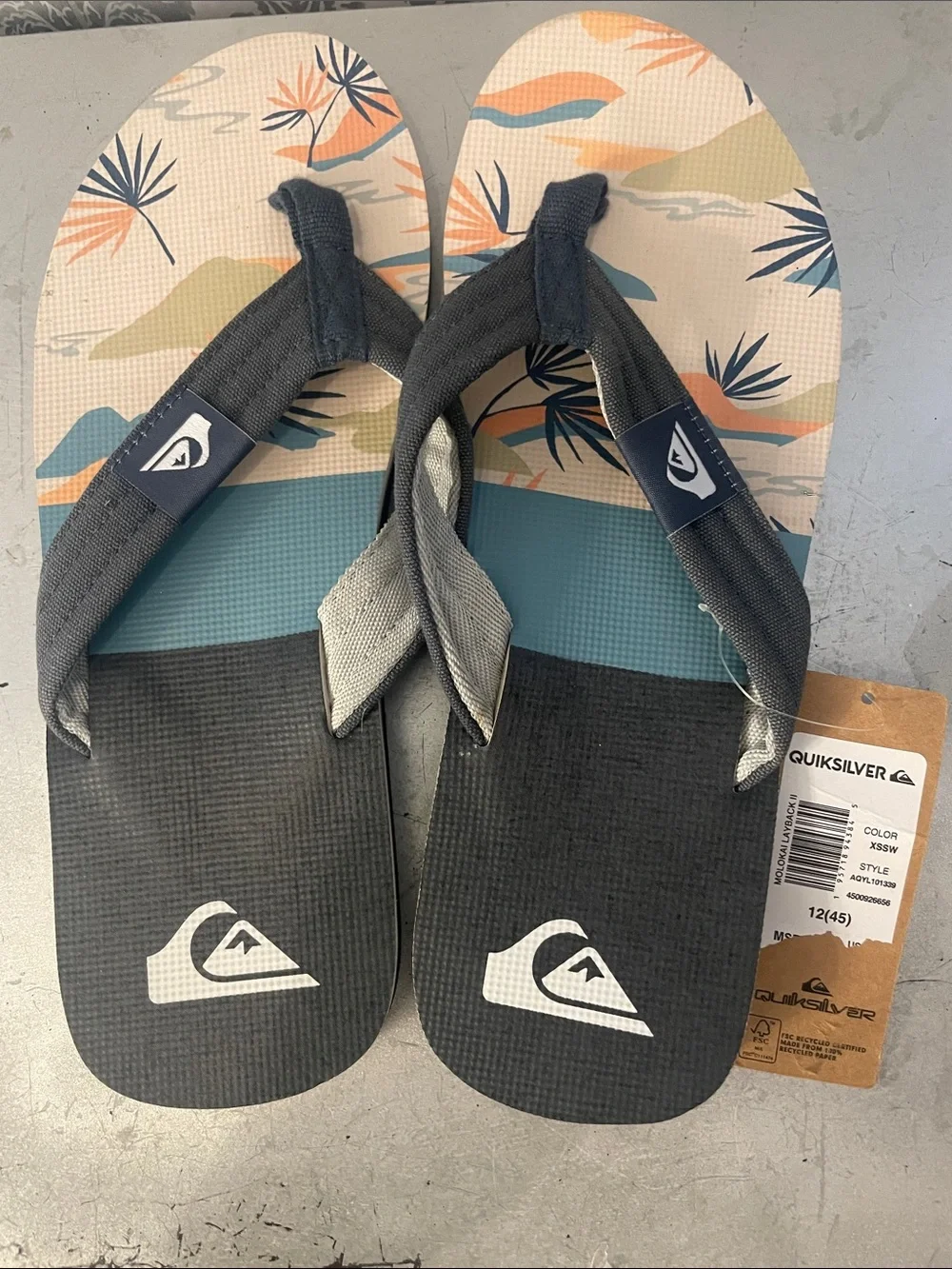 Quiksilver Men's Tropical Pattern Flip Flops in Black, Teal & Tan